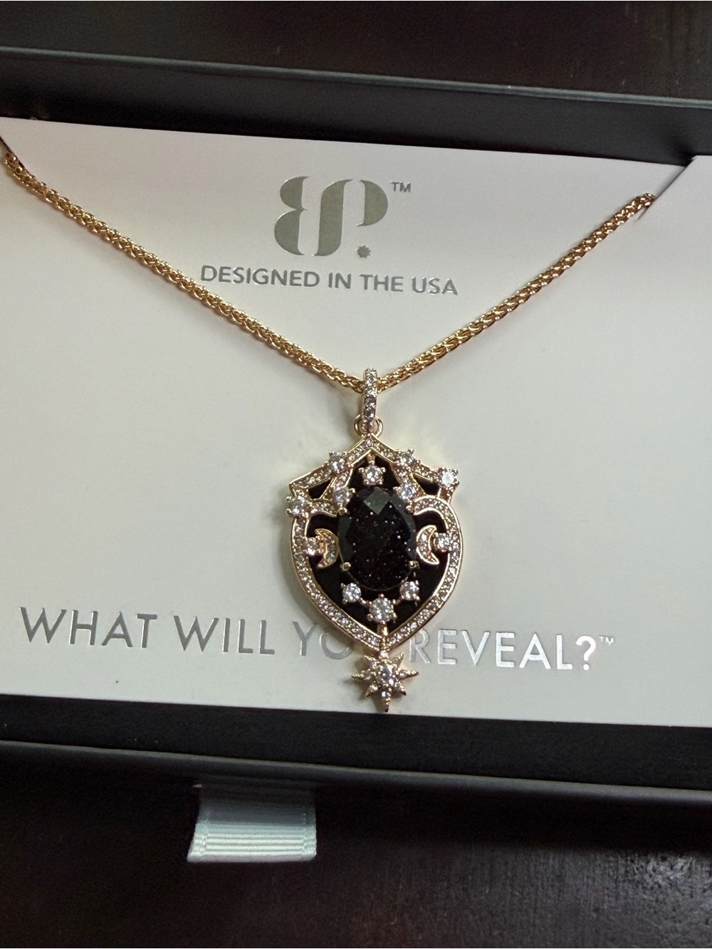 Gold-Tone Black Stone Shield Pendant Necklace